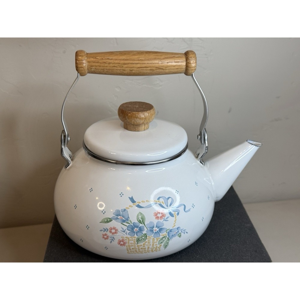 Vintage Lincoware Country Cornflower Enamel Tea Kettle Teapot Wood Handle Taiwan